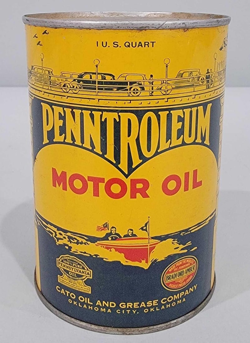Penntroleum Motor Oil w/Boat Scene One-Quart Round Metal Can (TAC) (1 of 6)