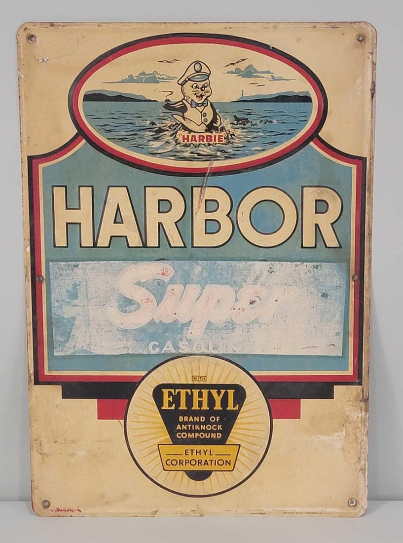 Harbor Super Gasoline Ethyl w/Logo Metal Pump Sign (TAC): rated 7, 19.75"x13.75", the SST embossed pump sign has notable wear with deep scratching and soiling. Marked Scioto. Rarity 9.TAC #060856
