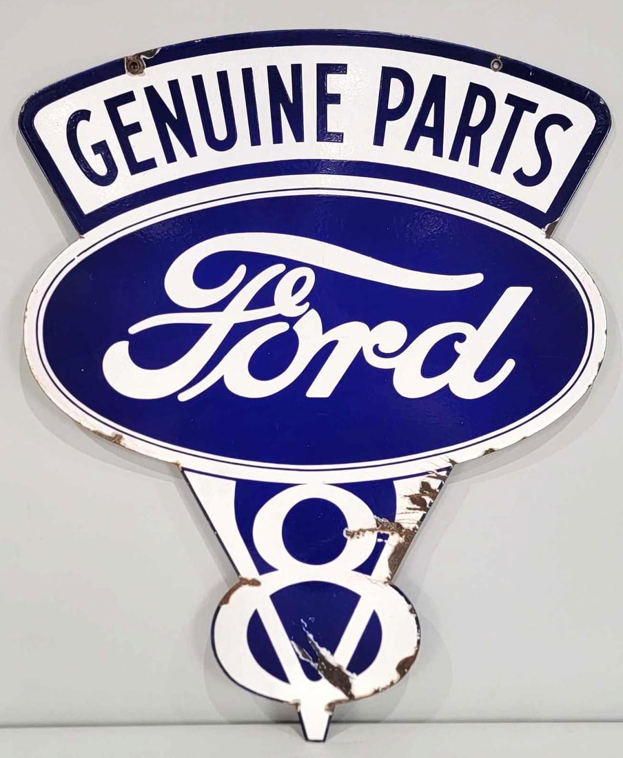 Genuine Ford Parts w/V-8 Logo Porcelain Sign (TAC) (1 of 7)