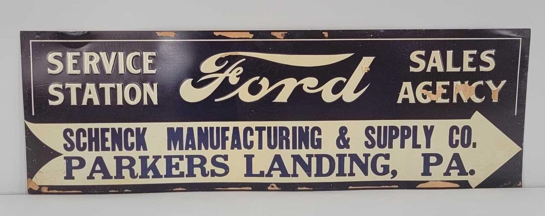 Ford Service Station Sales Agency Metal Sign NOS (TAC): rated 9+, 11.5"x35.5", the SST embossed sign has very good color and shine, light wear and paper left from shipping. This sign has never been hung. Rarity 8. TAC #060830