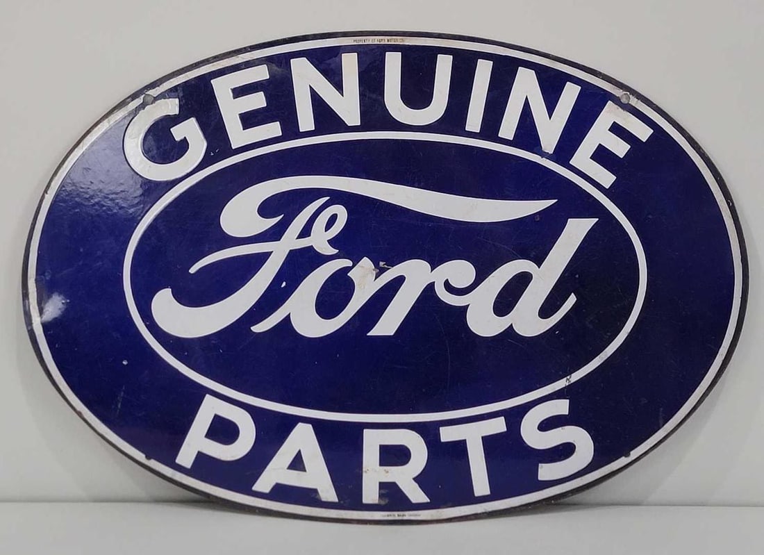 Genuine Ford Parts Porcelain Sign (TAC): rated 7.5 & 7, 16.25"x24", the DSP oval sign has good color and gloss, has wear, small chips and touched up chips at the mounting holes, reverse has staining, marked Veribrite. Rarity 3. TAC #033817