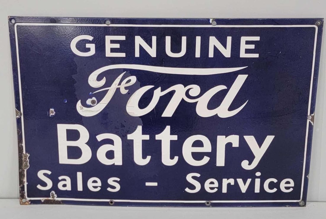 Ford Battery Sales-Service Porcelain Sign (TAC): rated 7.25, 15"x23", the SSP sign has good color and some gloss, has large area that is dull or stained in the field,chips around the perimeter. Rarity 6. TAC #060948