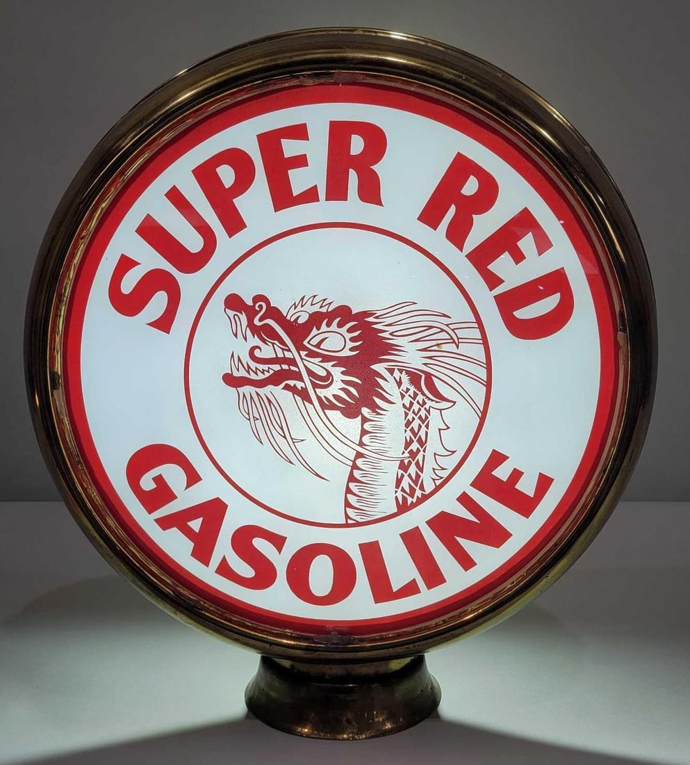 Super Red Gasoline w/Dragon Logo 15" Single Globe Lens (TAC): rated 9.5, 15"D., the single globe lens is in excellent condition, mounted in a new metal globe body, lens has silicon at 12-3-6-9. TAC #025553