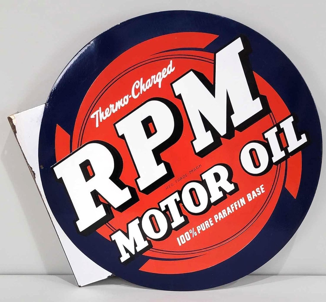 RPM Motor Oil Porcelain Flange Sign (TAC): rated 9, 22"x22", the die-cut porcelain flange sign has excellent color and gloss, fields are clean, the flange has a large touched up chip at the top, see photos. Rarity 7. TAC #060960