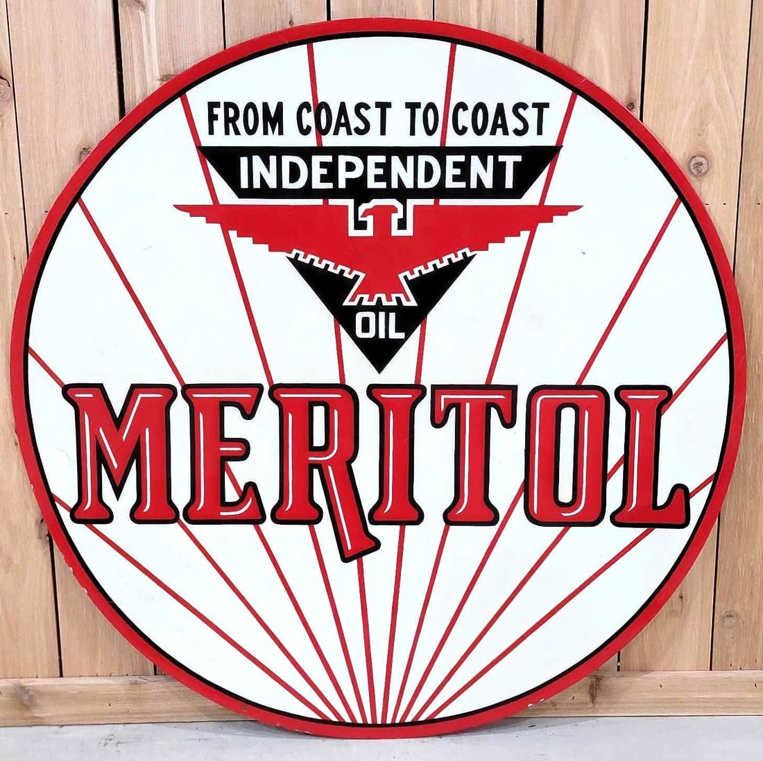 Meritol w/Independent Oil Logo Porcelain Sign (TAC): rated 6 & restored, 42"D., the DSP sign display has good color and some gloss, with numerous large chips, wear and scratches. Reverse side has been professionally restored. Rarity 9. TAC #0610