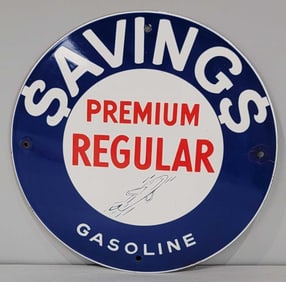 Savings Gasoline Premium Regular w/Jet Logo Porcelain Pump Sign (TAC)