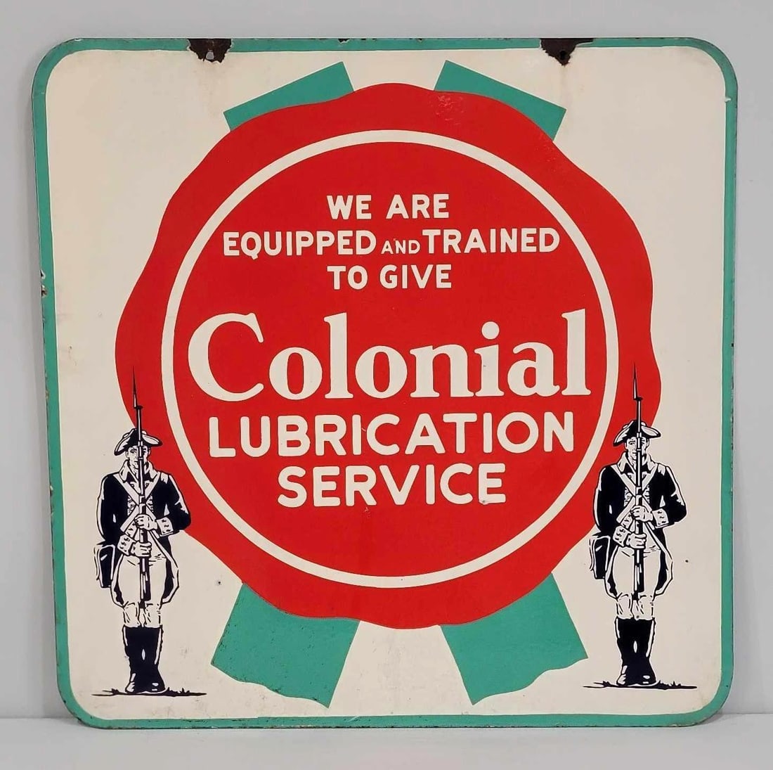 Colonial Lubrication Service w/2-Soldier Logo Porcelain Sign (TAC) (1 of 7)