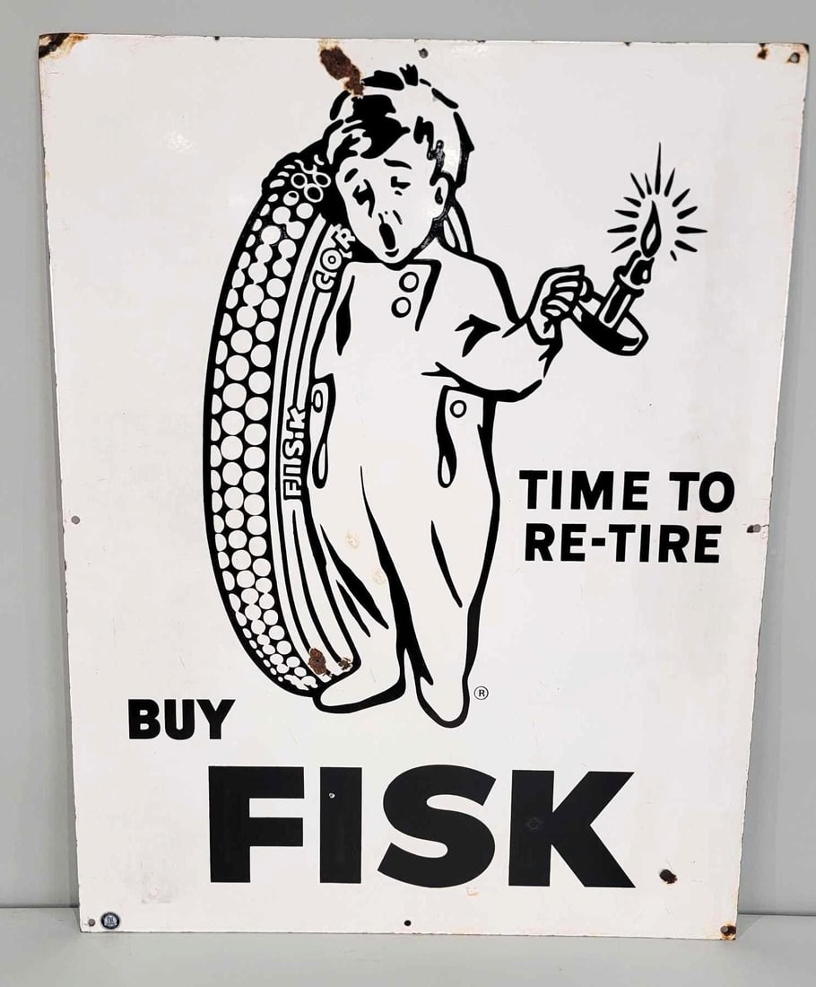 Buy Fisk "Time To Re-Tire" w/Boy & Tire Logo Porcelain Sign (TAC) (1 of 5)