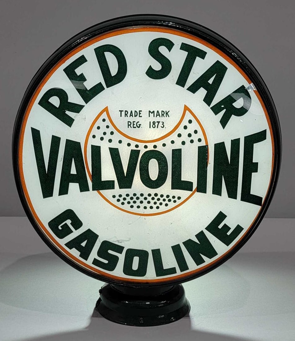 Valvoline Red Star Gasoline 15" Single Globe Lens (TAC): rated 8.9, the 15"D., single globe lens has excellent color, has large paint chip right above the "R" in Star, mounted in a repainted LP metal globe body. TAC #025563