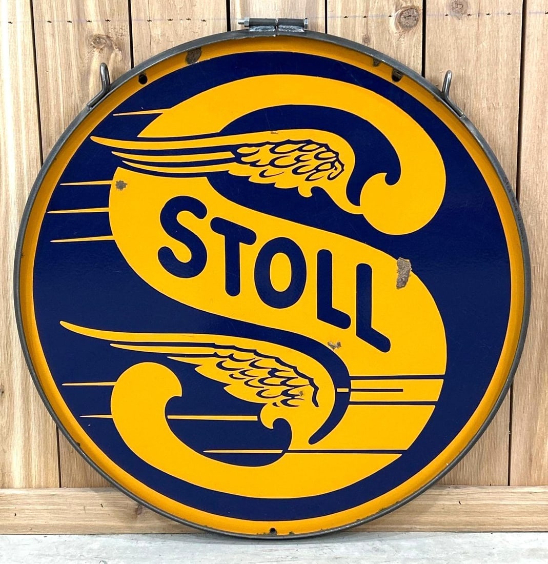 Stoll (gasoline) w/Winged Logo Porcelain Sign (TAC): rated 8.75 & 8.5, 30"D., the DSP sign has excellent color and gloss, has a few chips and wear in the fields, reverse has a few more chips. Rarity 8. TAC #0611 64