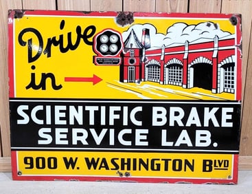 "Drive in" Scientific Brake Service Lab. w/Great Image Porcelain Sign (TAC)