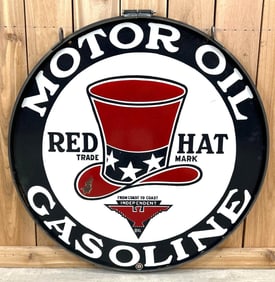 Red Hat Motor Oil Gasoline w/Logo & Independent Oil Porcelain Sign (30)(TAC)