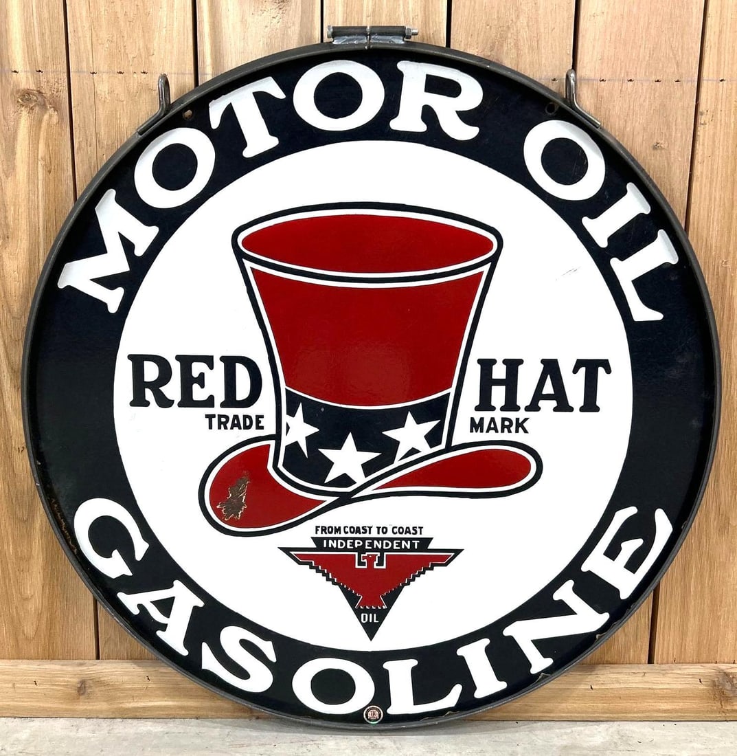 Red Hat Motor Oil Gasoline w/Logo & Independent Oil Porcelain Sign (30)(TAC): rated 8.75 & 8.5, 32"D. This DSP sign has very good color and gloss Display has one silver dollar sized chip on the brim of the hat. Sign shows small chips around the perimeter, and the reverse side h