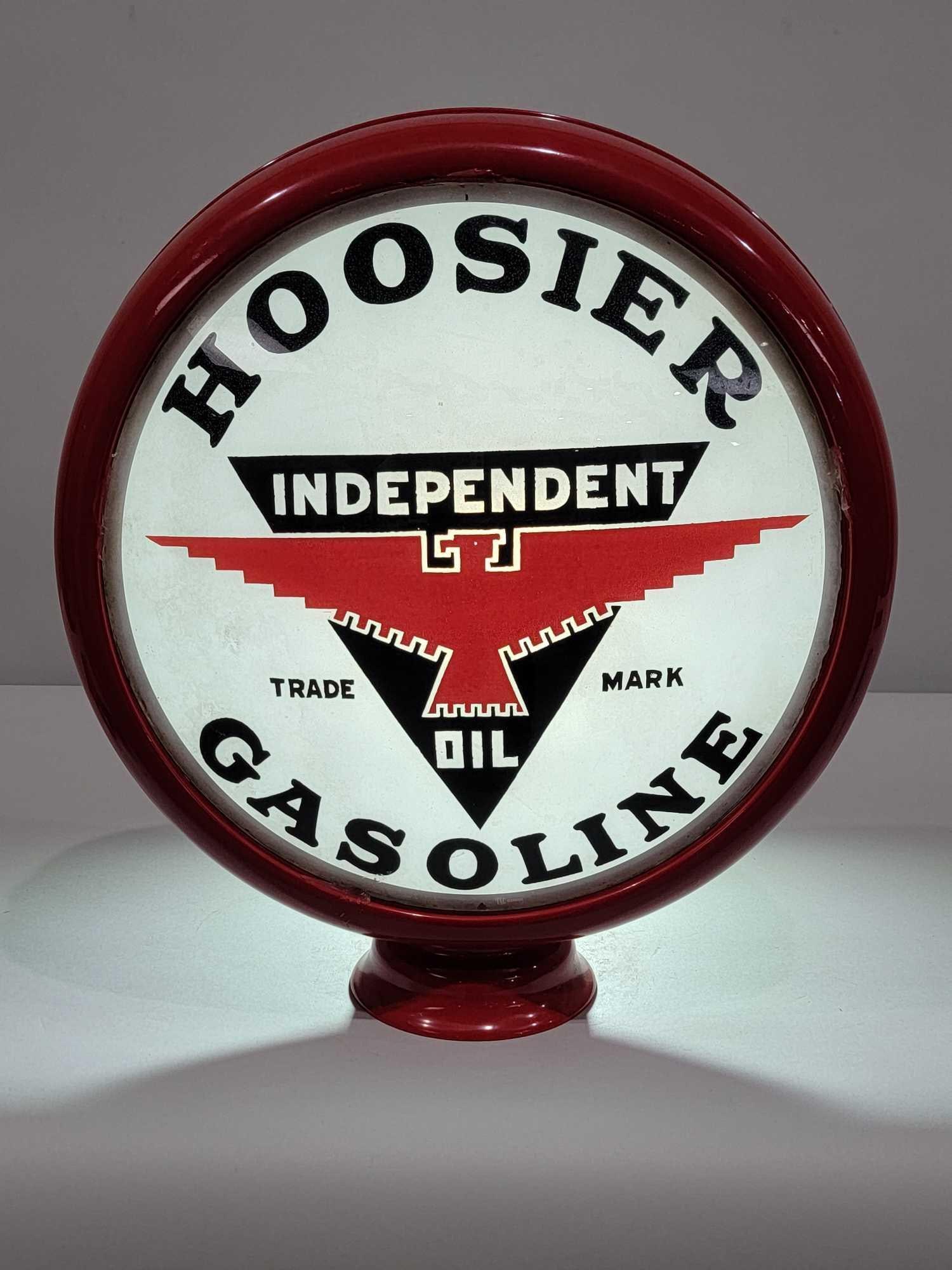 Hoosier Gasoline w/Independent Oil Logo 15" Globe Lens (TAC): rated 8.5, 15"D., the single globe lens has good color, has mottling in the white in the outer fields, mounted in a new metal globe body. TAC #025690