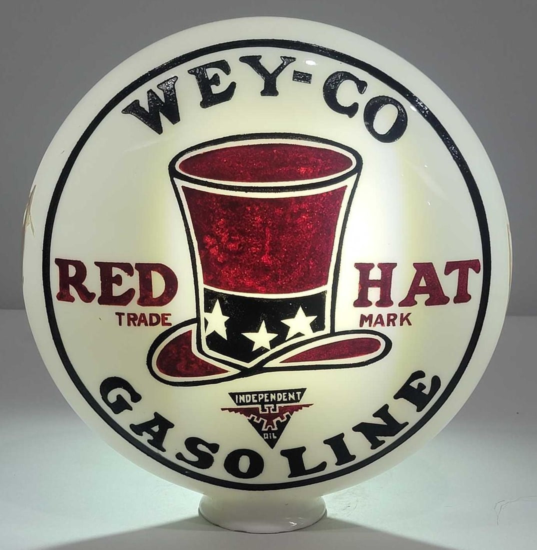 Wey-Co Gasoline w/Red Hat Logo OPE Milk Glass Globe (TAC) (1 of 3)