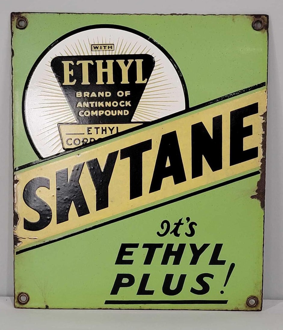 Skytane w/Ethyl Logo "It's Ethyl Plus!" Porcelain Pump Sign (TAC) (1 of 5)
