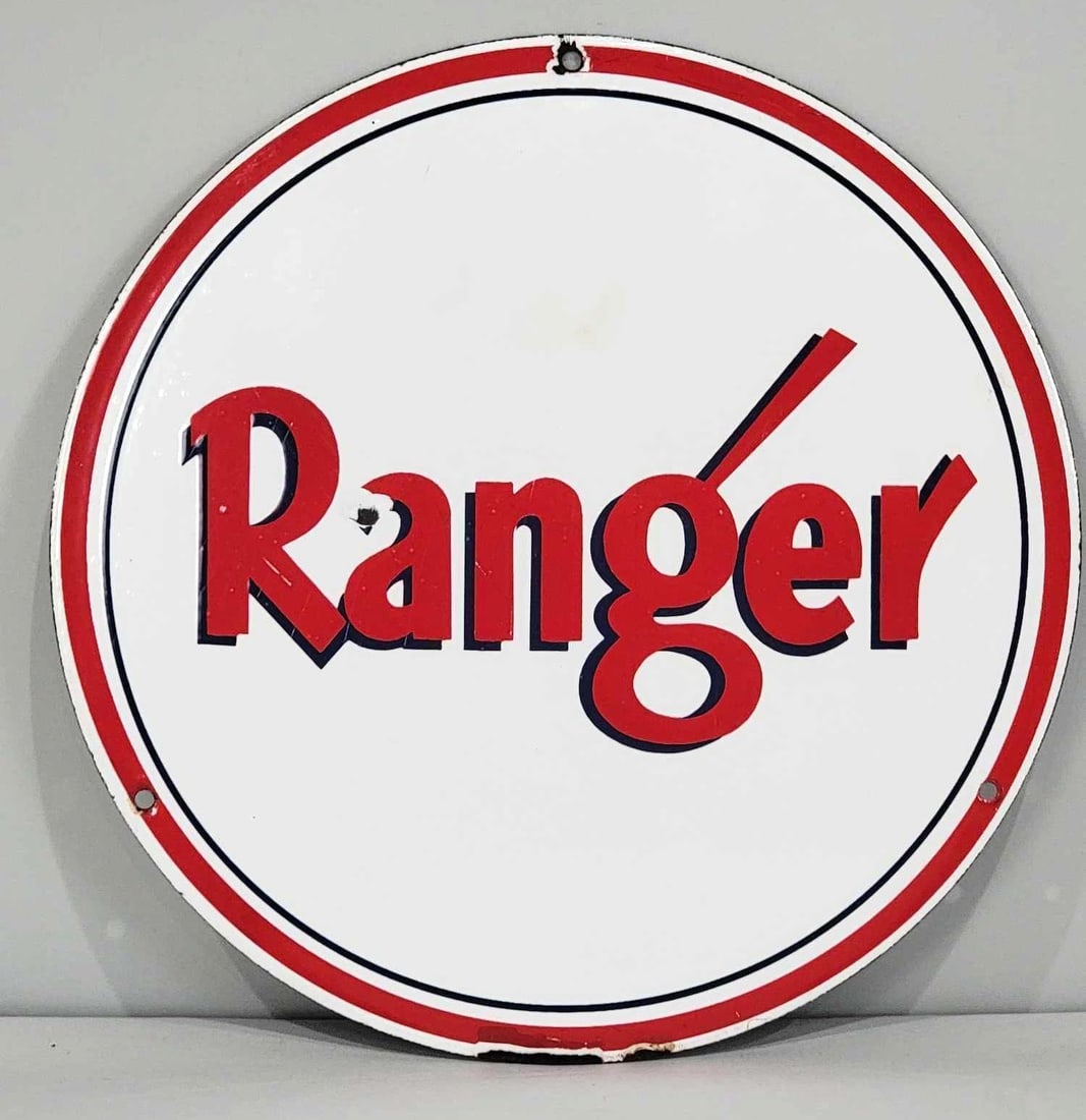 Ranger (gasoline) Porcelain Pump Sign (TAC): rated 8.75, 10"D., the SSP sign has very good color and gloss, has small chip in the field and around the perimeter, marked Veribrite on back. Rarity 9. TAC #060906