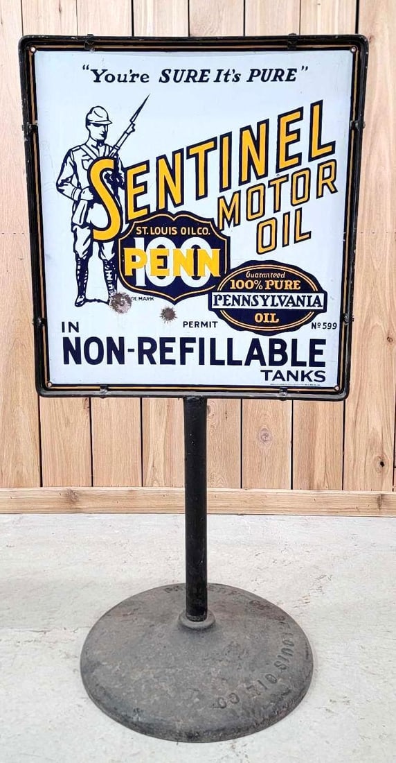 Sentinel Motor Oil w/Logo Porcelain Curb Sign (TAC) (1 of 8)