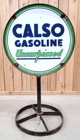 Calso Gasoline Unsurpassed Porcelain Curb Sign (TAC)