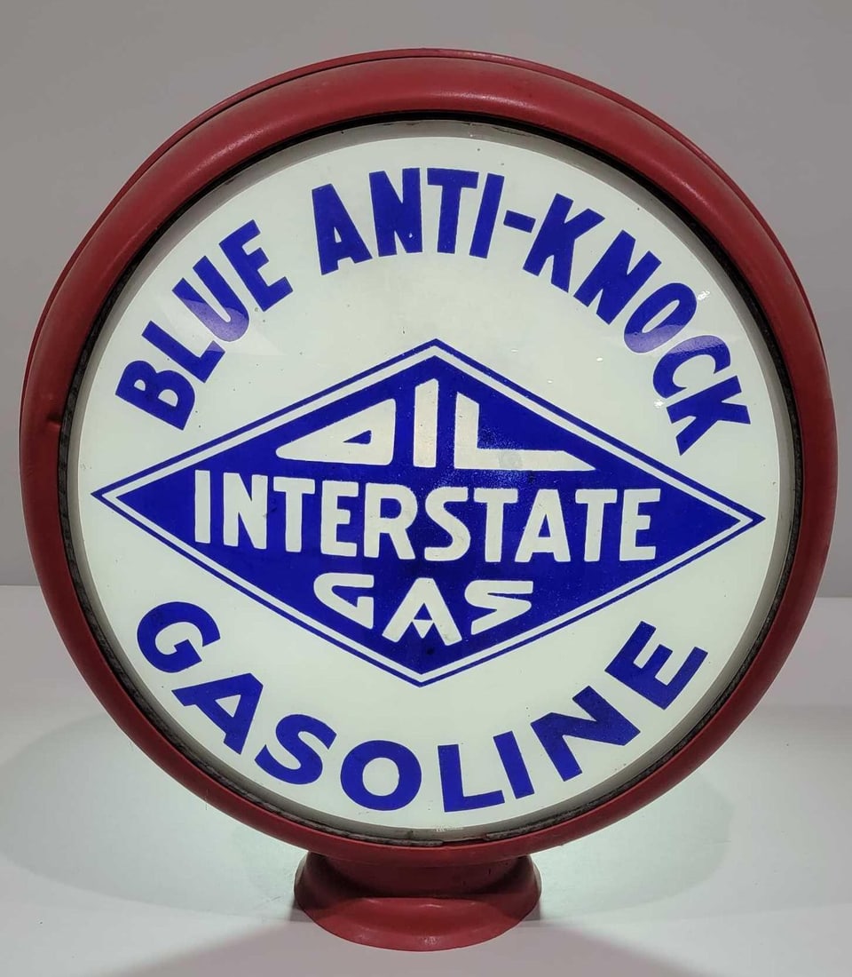 Blue Anti-Knock Gasoline 15" Single Globe Lens (TAC): rated 9, 15"D., the single globe lens is in good condition, has very light wear around the lower perimeter, mounted in a repaint HP metal globe body. TAC #025625