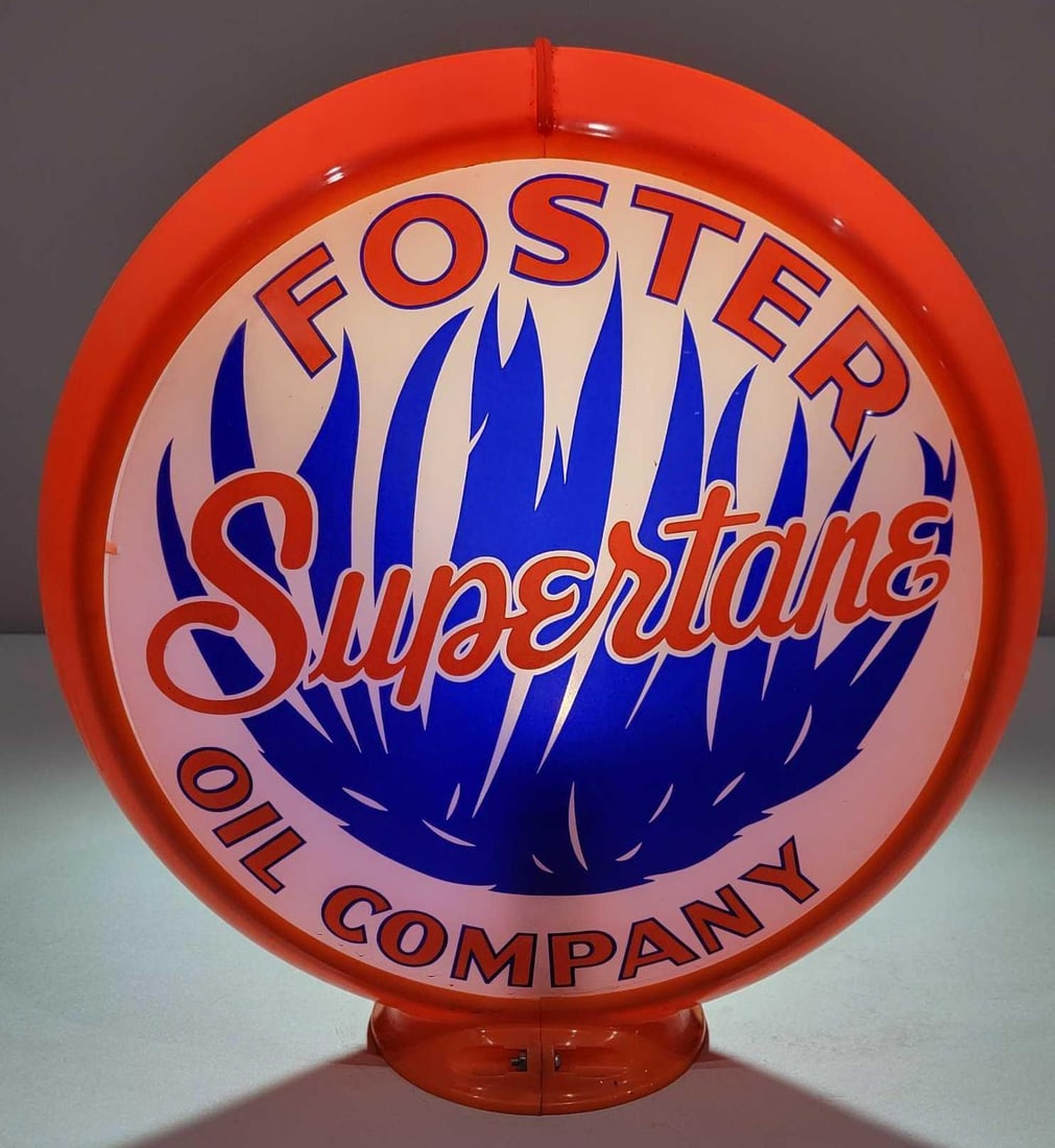 Foster Supertane Oil Company w/Logo 13.5" Globe Lenses (TAC): rated 9+, 13.5"D., both lenses are in excellent condition, mounted in a new Capco globe body. TAC #025637