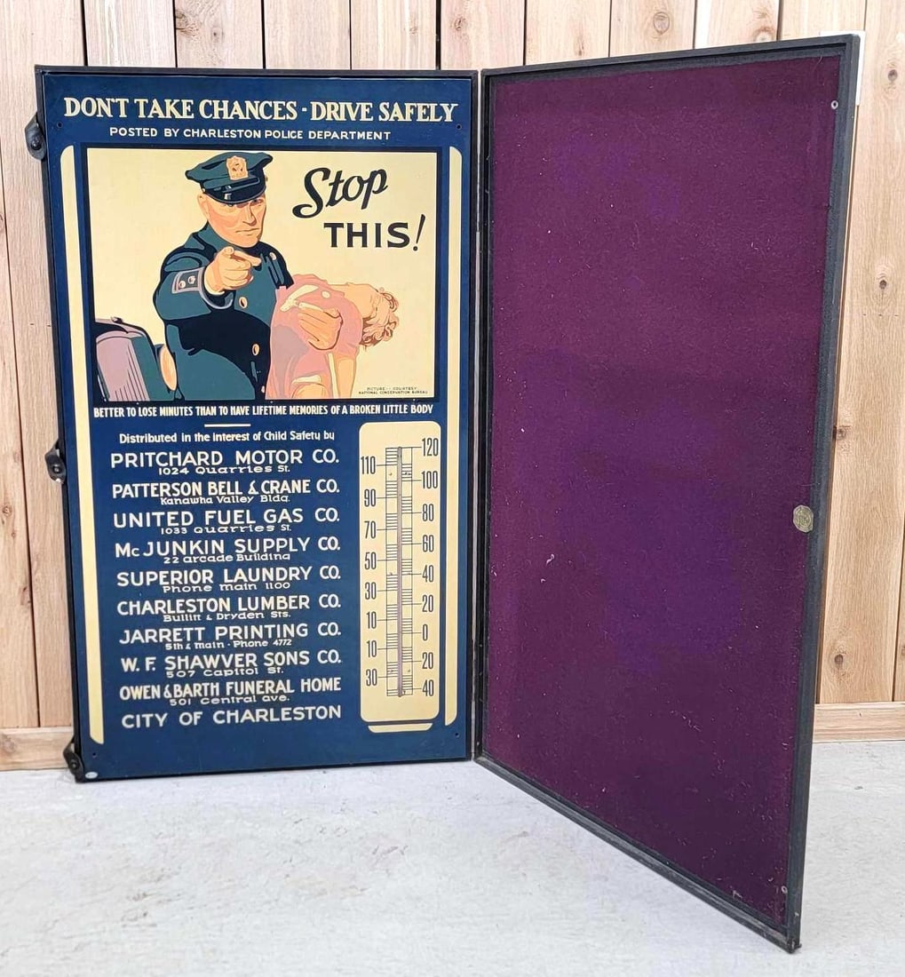 Salesman Sample Metal Thermometer in Carrying Case "Don't Take Chances-Drive Safely" (TAC): sign is rated 9.25, 46.5"x26.5", the single-sided rolled edge thermometer has excellent color and gloss throughout. Sign is in outstanding displaying condition with only extremely minor surfac