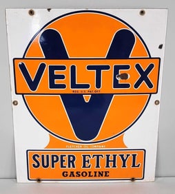 Veltex Super Ethyl Gasoline Porcelain Pump Sign (TAC)