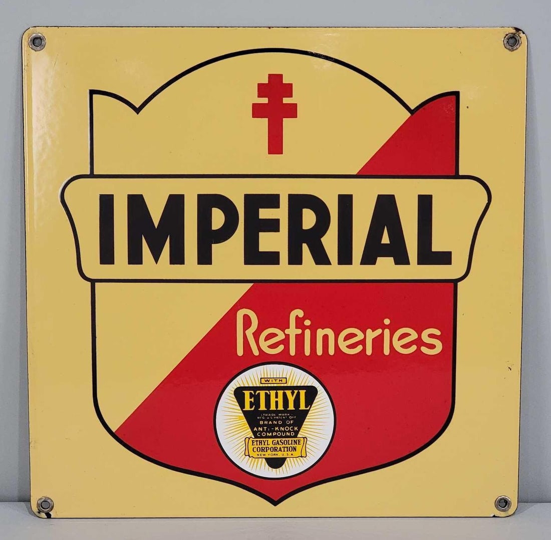 Imperial Refineries w/Logo Porcelain Pump Sign (TAC): rated 9.25, 12"x12", the SSP sign has excellent color and gloss, field is clean, has a few tiny chips around the perimeter. Rarity 4. TAC #060929
