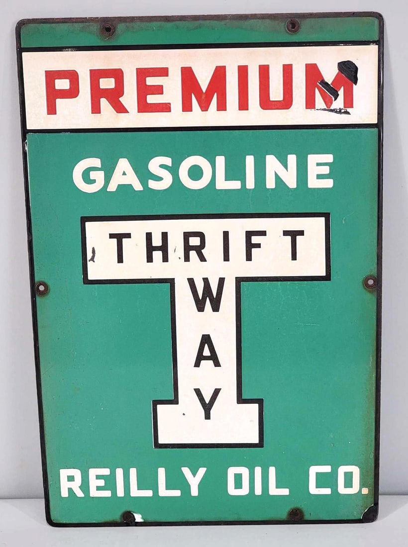 Reilly Oil Co. Thrift Way Premium Gasoline Porcelain Pump Sign (TAC) (1 of 4)