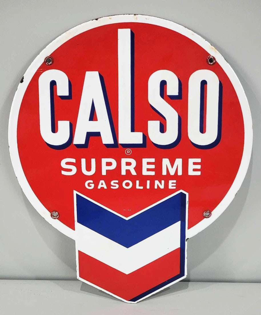 Calso Supreme Gasoline Porcelain Pump Sign (TAC): rated 9, 13.75"x9", the SSP die-cut sign has excellent color and gloss, field is clean, has a few tiny chips around the perimeter, marked McAx. Rarity 3. TAC #061084