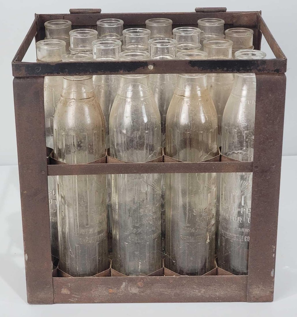 16-Shell-Penn Motor Oil Tall Quart Bottles in Metal Carrier Box (1 of 2)