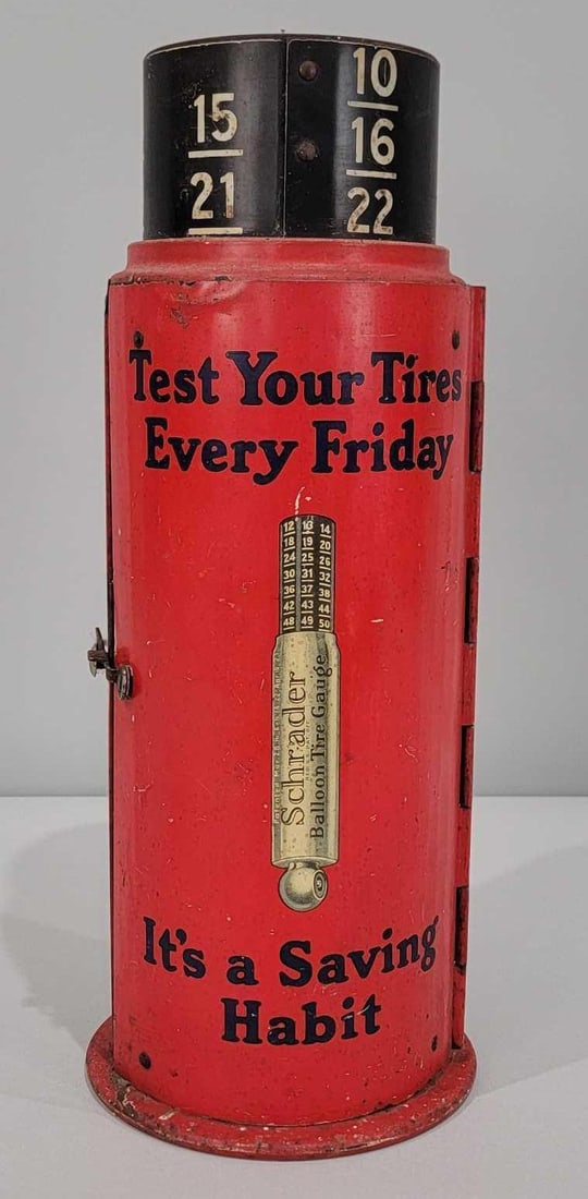 Schrader Tire Gauge (red) Metal Counter-Top Display Cabinet (TAC): rated 8.25, 15"T., the metal counter-top display has good color, has some wear and fine scratches, has product and sales literature inside. Rarity 3. TAC #060793