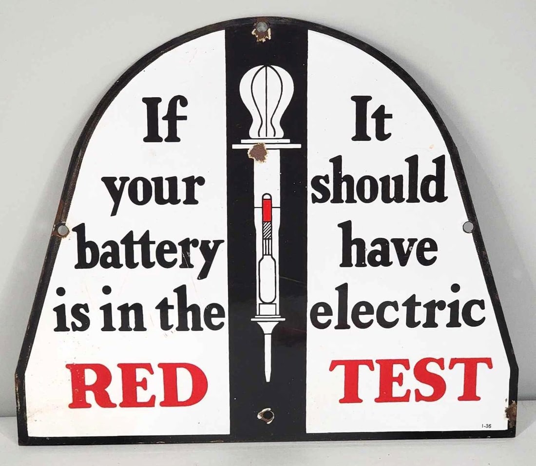 Red Test w/Image Porcelain Sign (TAC): rated 8.75, 11.25"x13.25", the SSP die-cut sign has good color and gloss, has small chip in the field, dated 1936. Rarity 5. TAC #061092