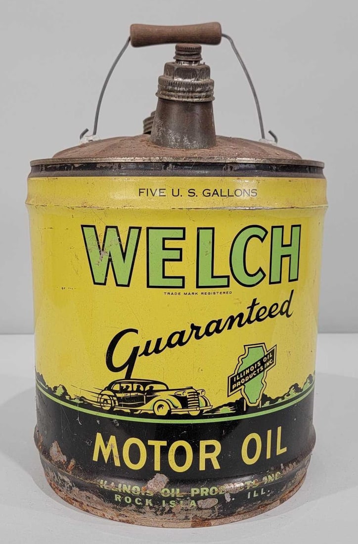 Welch Motor Oil w/Car Image Five-Gallon Round Metal Can (TAC) (1 of 3)