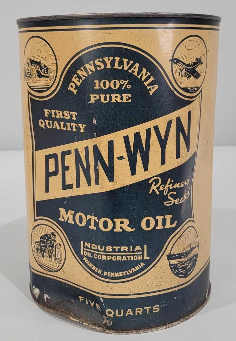 Penn-Wyn Motor Oil w/Images Five-Quart Round Metal Can (TAC) (1 of 5)