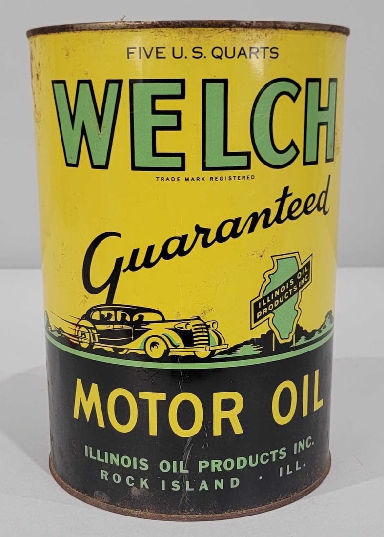 Welch Motor Oil w/Car Image Five-Quart Round Metal Can (TAC) (1 of 5)