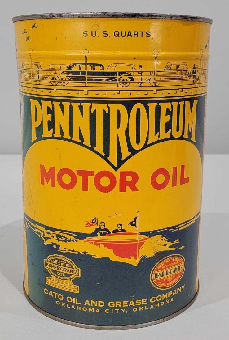 Penntroleum Motor Oil w/Boat Scene Five-Quart Round Metal Can (TAC) (1 of 5)
