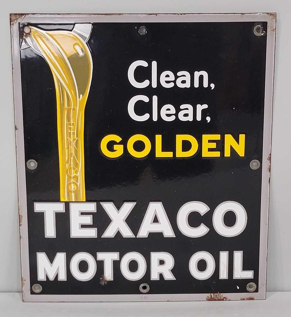 Texaco Motor Oil "Clean, Clear Golden" Porcelain Sign (TAC): rated 8.9, 14"x12", the SSP sign has excellent color and gloss, field is clean, has small chip in the lower field around the perimeter, dated 1931. Rarity 4. TAC #060893