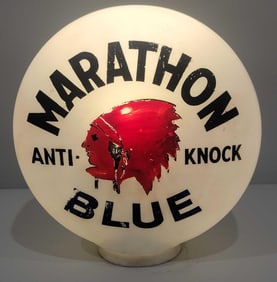 Marathon Anti-Knock Blue w/Red Indian Logo OPB Milk Glass Globe