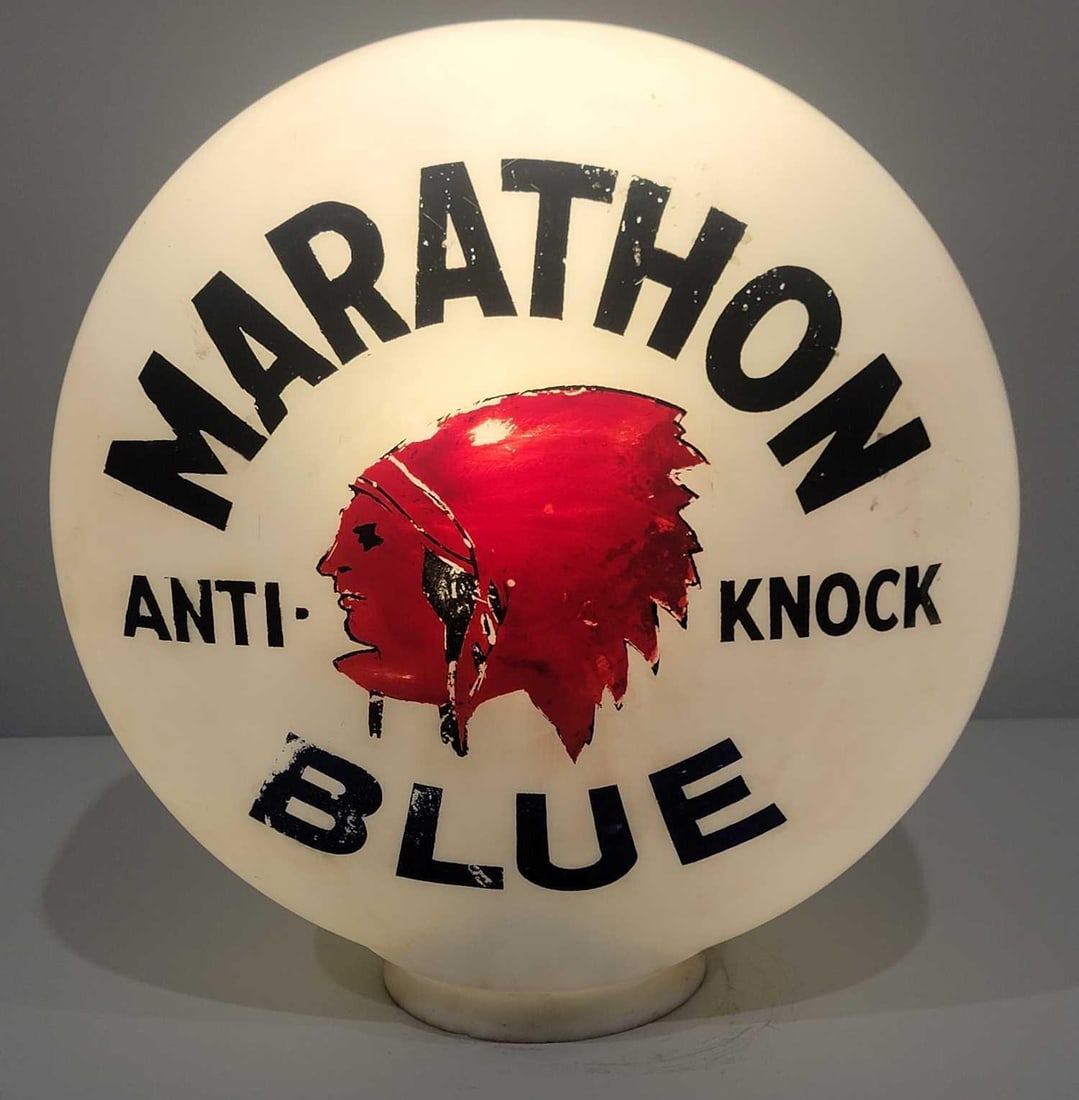 Marathon Anti-Knock Blue w/Red Indian Logo OPB Milk Glass Globe (1 of 2)