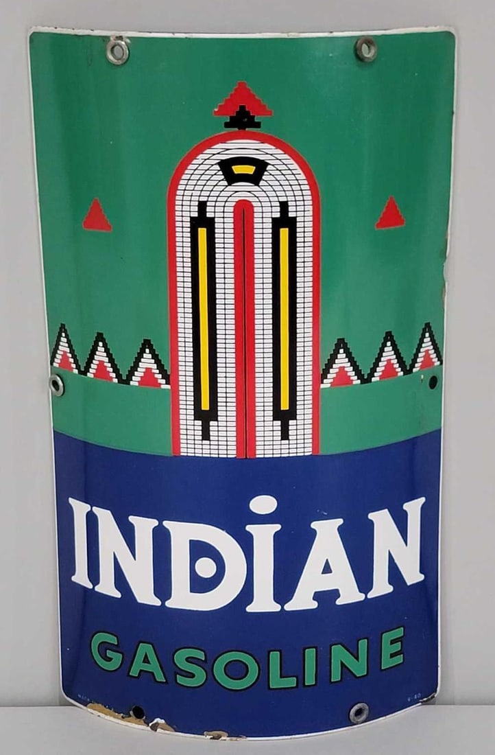 Indian Gasoline w/Logo Porcelain Pump Sign (small)(curved) (TAC) (1 of 5)
