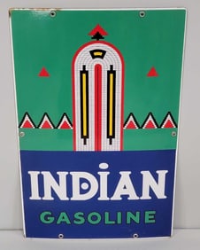 Indian Gasoline w/Logo Porcelain Pump Sign (TAC)