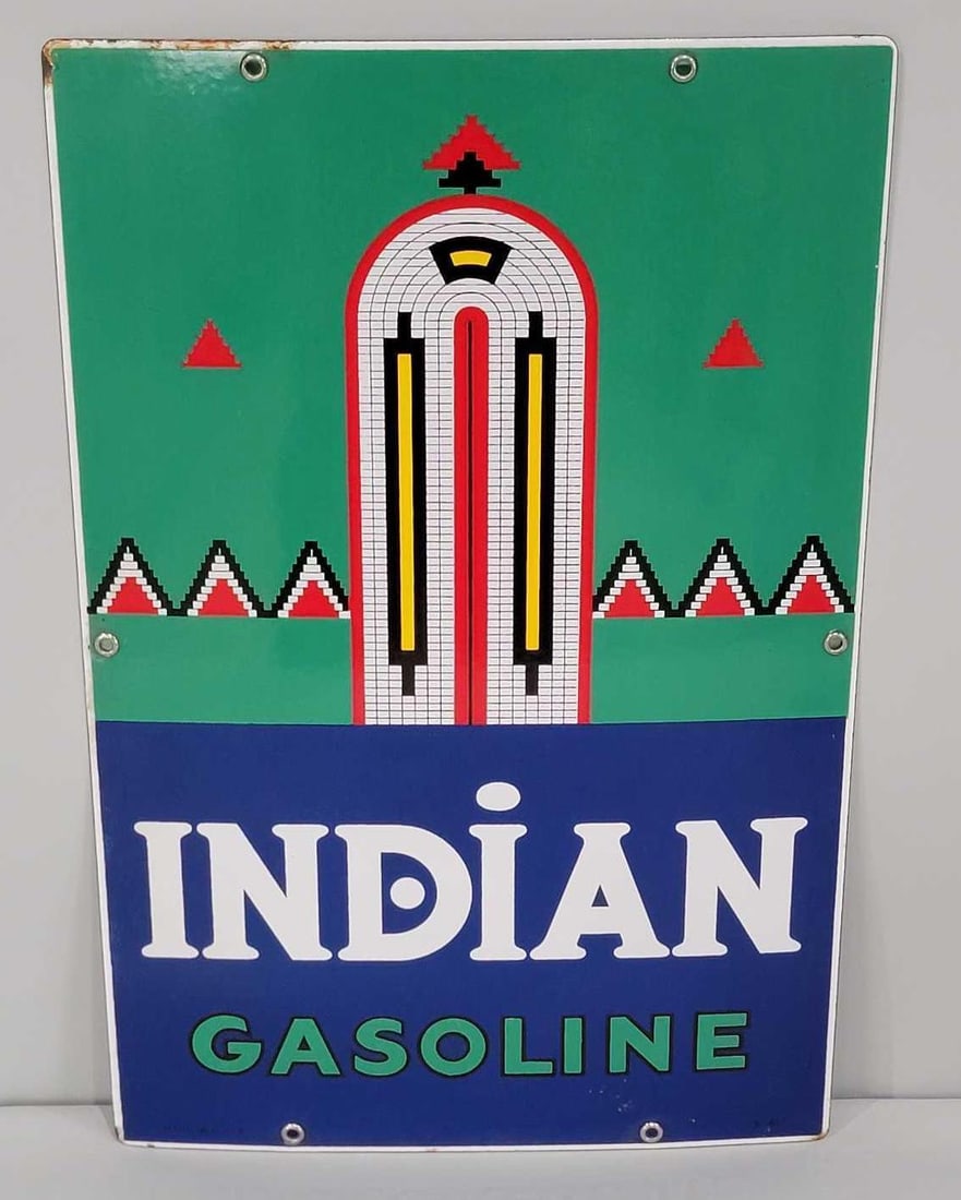 Indian Gasoline w/Logo Porcelain Pump Sign (TAC): rated 9, 18"x12", the SSP sign has excellent color and gloss, nice, dated 1941. Rarity 1. TAC #060896