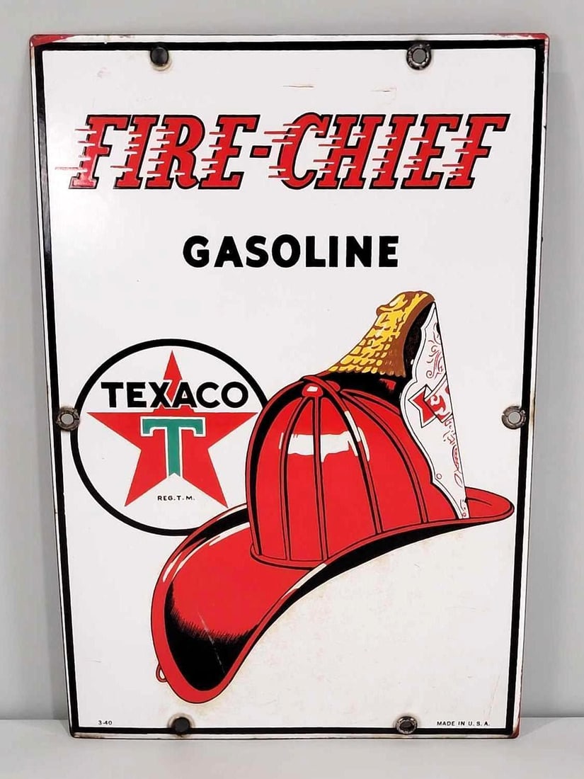 Texaco (white-T) Fire Chief Gasoline Porcelain Pump Sign (small) (TAC) (1 of 5)