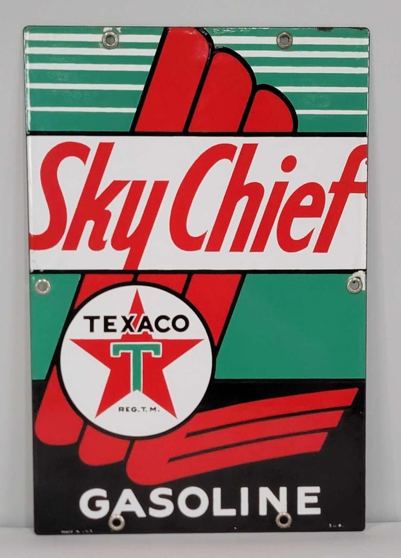 Texaco (white-T) Sky Chief Gasoline Porcelain Pump Sign (small) (TAC) (1 of 5)