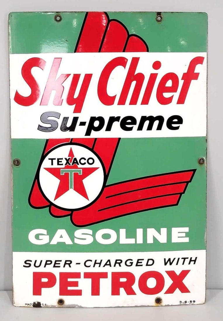 Texaco (white-T) Sky Chief w/Petrox Porcelain Pump Sign (TAC) (1 of 5)