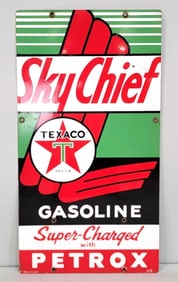 Texaco (white-T) Sky Chief w/Petrox (exlarge) Porcelain Pump Sign (TAC)