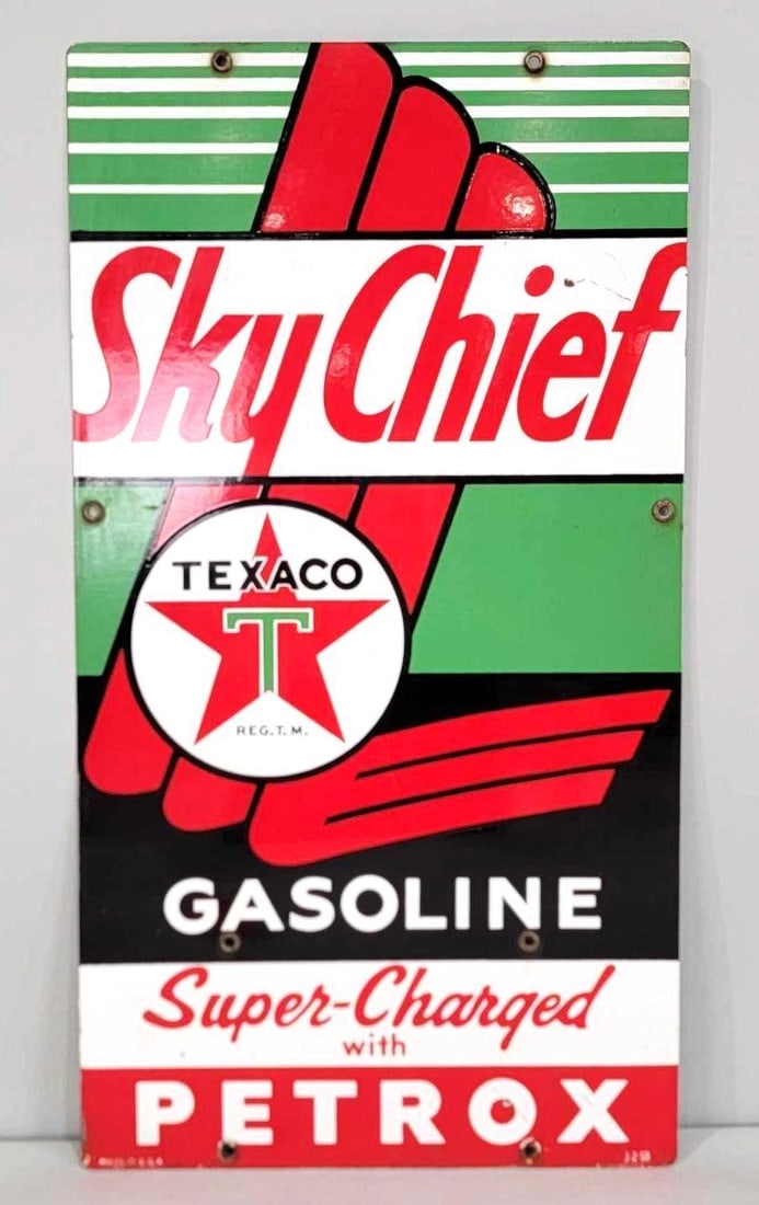 Texaco (white-T) Sky Chief w/Petrox (exlarge) Porcelain Pump Sign (TAC) (1 of 5)