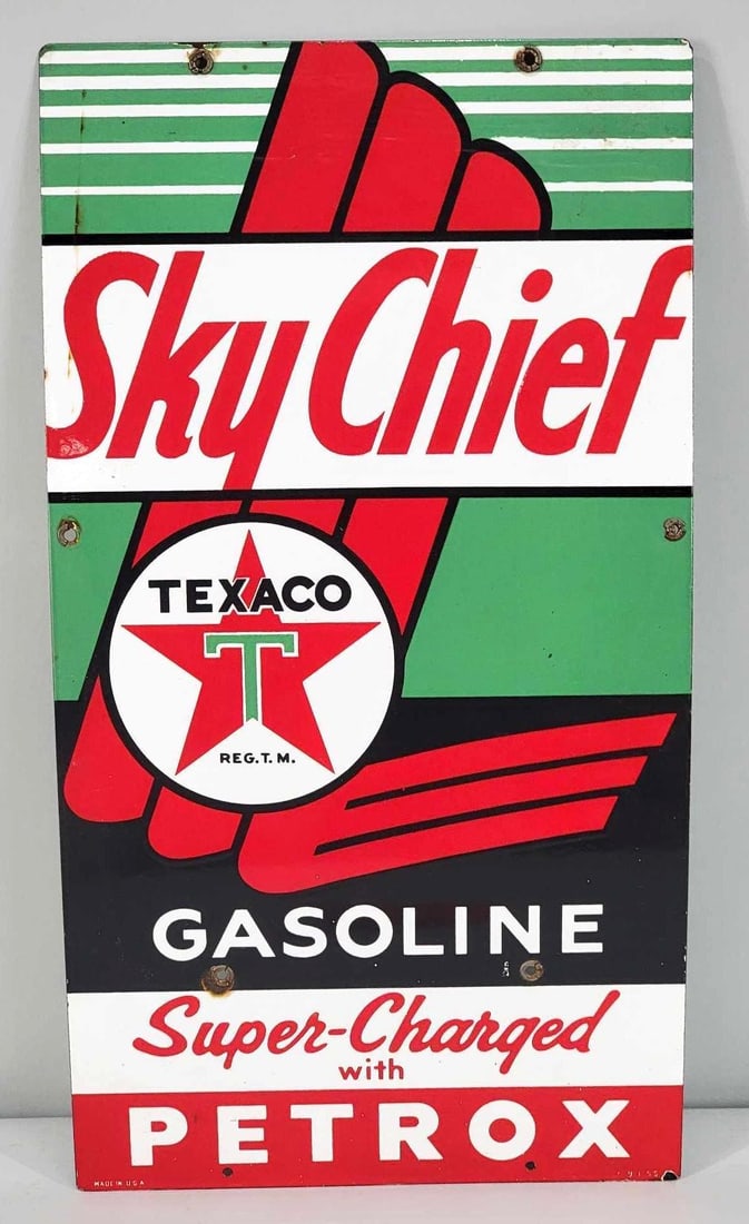 Texaco (white-T) Sky Chief w/Petrox (ex-large) Porcelain Pump Sign (TAC) (1 of 4)