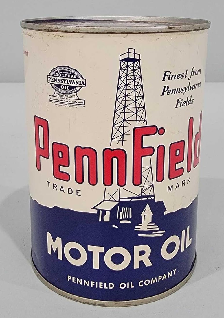 PennField Motor Oil w/Derrick Logo One-Quart Round Metal Can (TAC) (1 of 6)